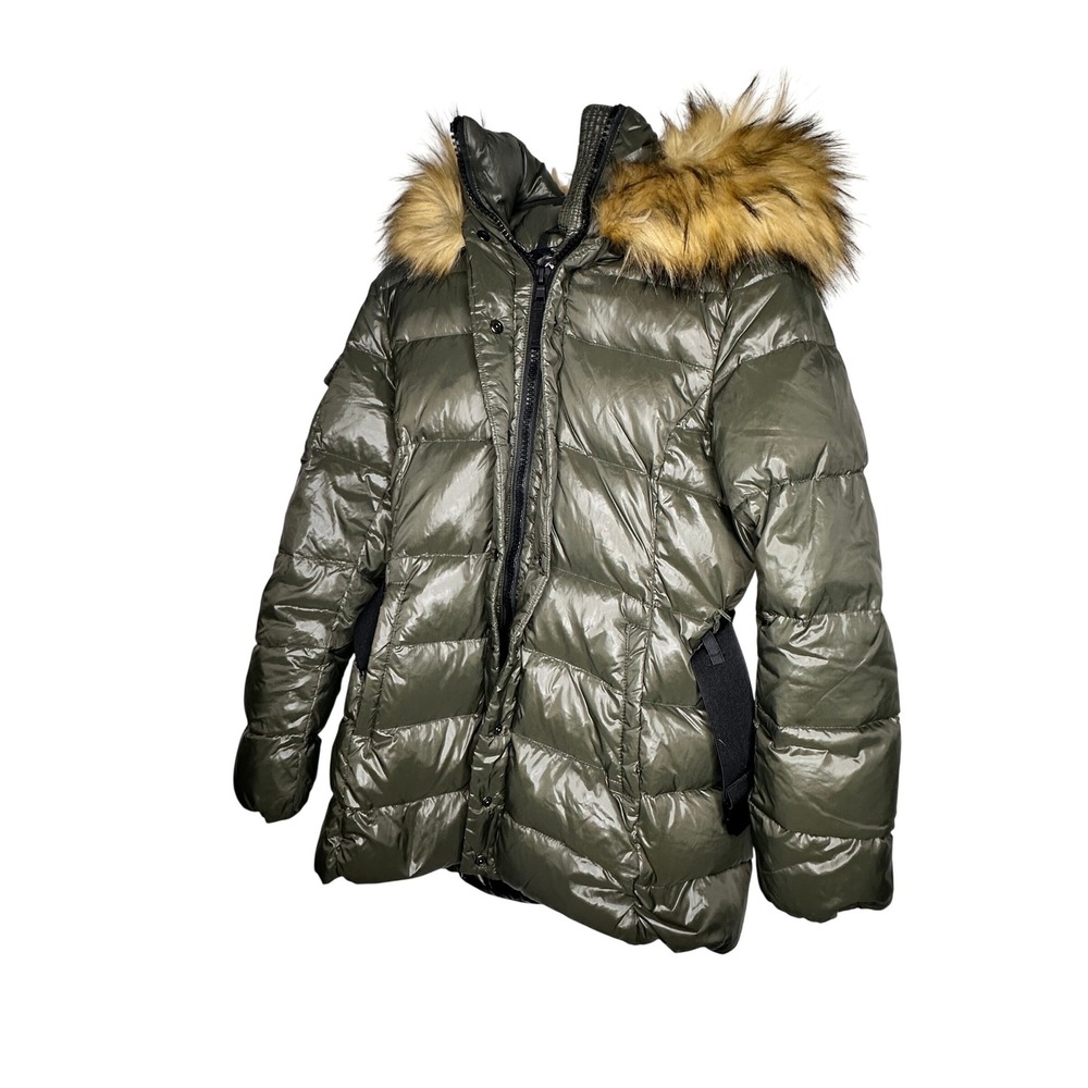 S13 New York Womens‎ Down Puffer Parka Jacket Olive Green Faux Fur Hood Medium